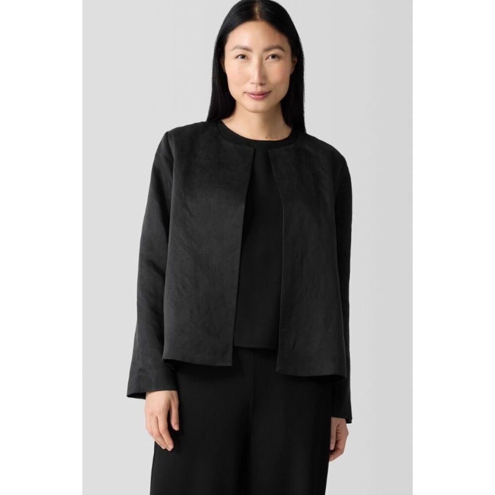 NWT Eileen Fisher Linen Silk Satin Round Neck Jacket Black Sz PM $298 [jb] - Picture 2 of 12